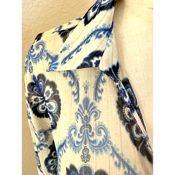 Zara Blue Floral Metallic Mosaic V Neck Boho Long Sleeve Blouse Semi Sheer Large - Picture 4 of 8